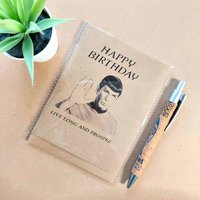 Funny Star Trek Birthday Card. Spock Birthday card which reads 'Happy Birthday Live long and prosper'