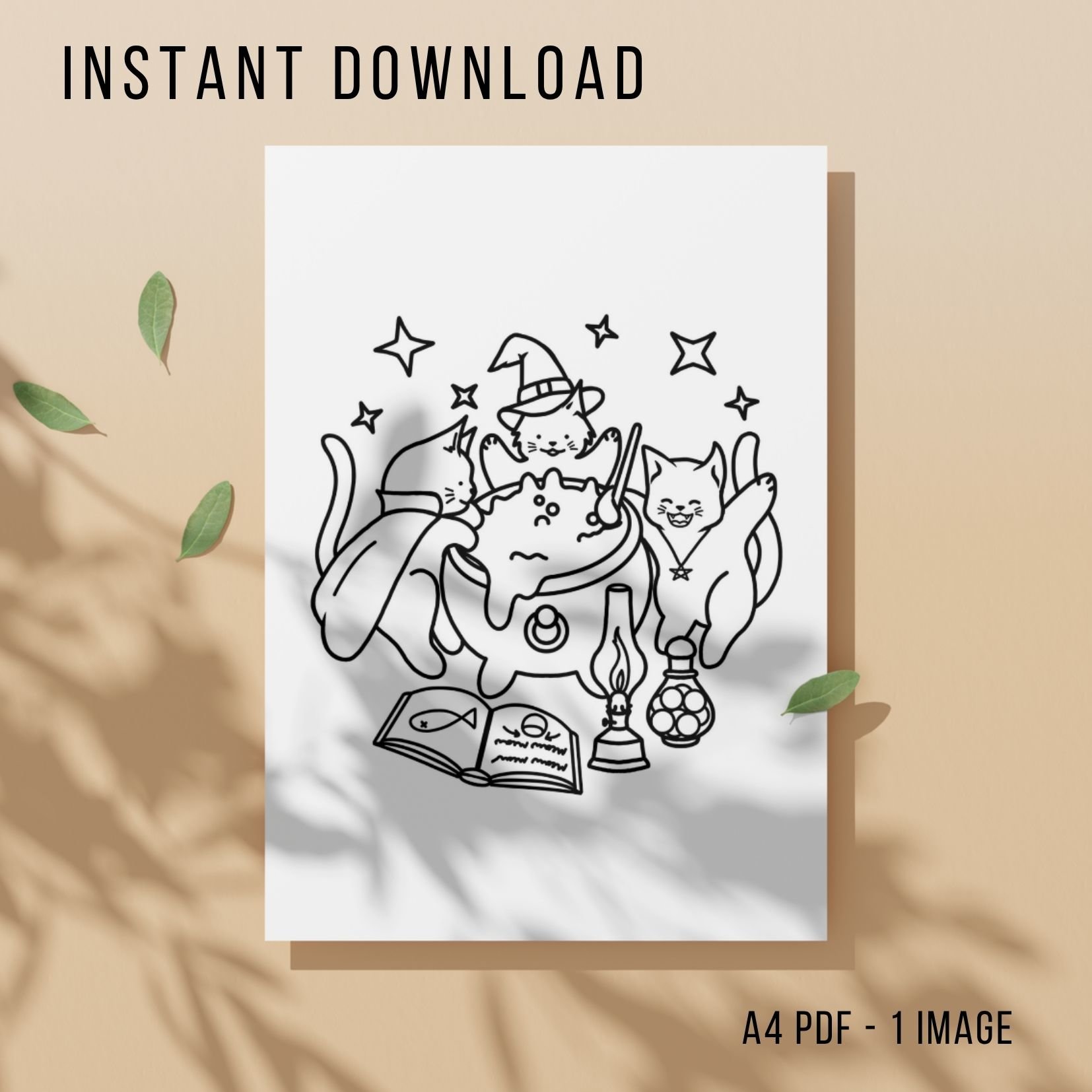 Witch Cats Colouring Page - Printable Instant Download