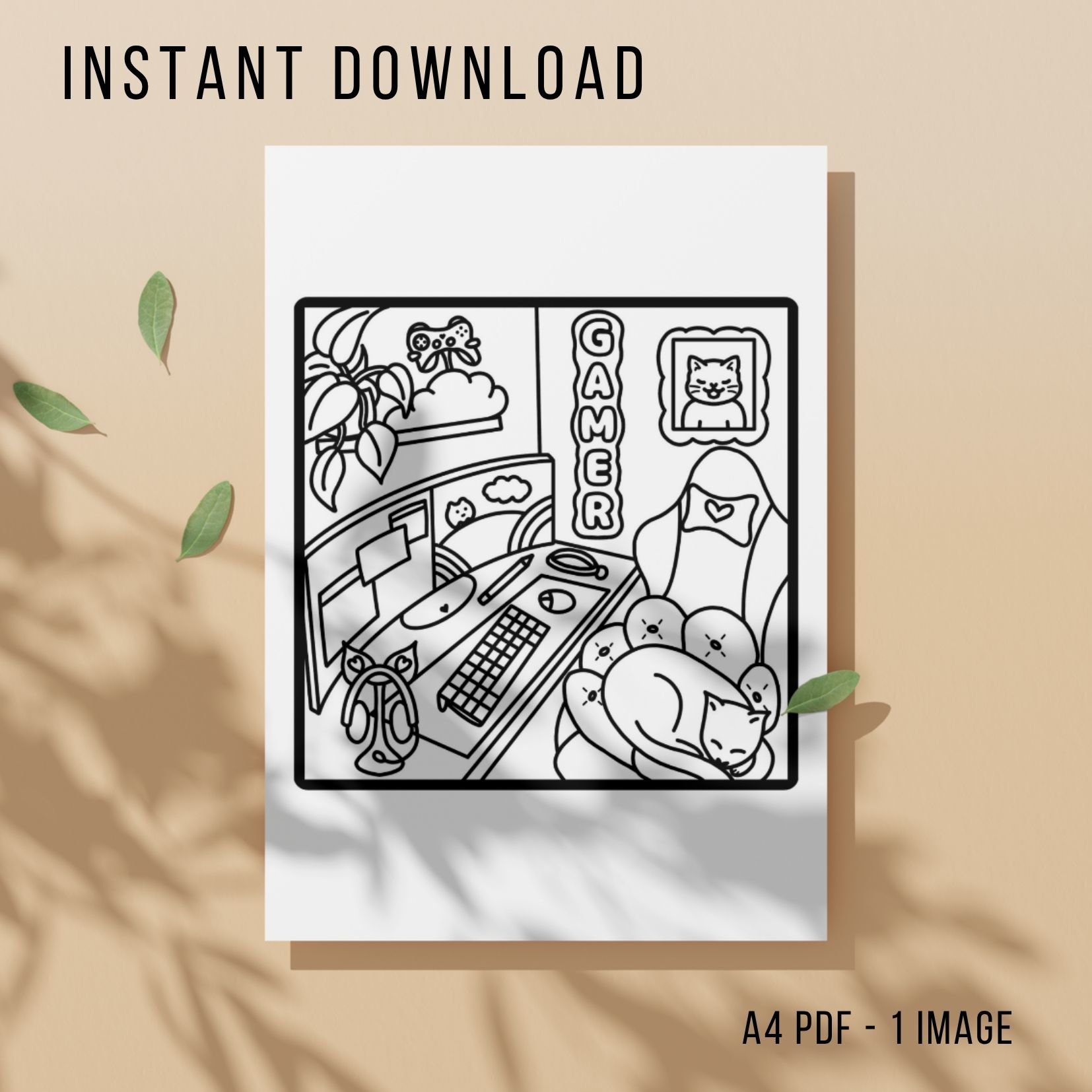 Cat Girl Gamer Colouring Page - Printable Instant Download