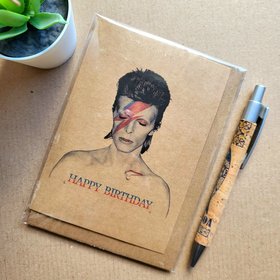 David Bowie Birthday card featuring Ziggy Stardust on the album cover Aladdin Sane.
