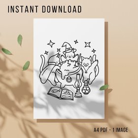 Witch Cats Colouring Page - Printable Instant Download