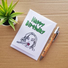 Funny IZombie Birthday Card. Classic Liv from IZombie in comic book style line art.