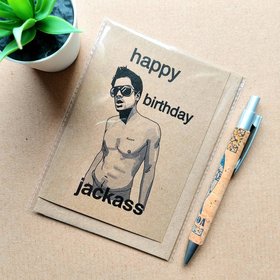 Funny Jackass birthday card featuring Johnny knoxville on the front, font reads 'Happy Birthday Jackass'