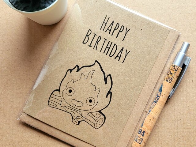 calcifer birthday card, howls moving castle birthday card, studio ghibli birthday card, funny birthday card, joycards, joy cards
