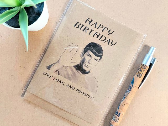 Funny Star Trek Birthday Card. Spock Birthday card which reads 'Happy Birthday Live long and prosper'