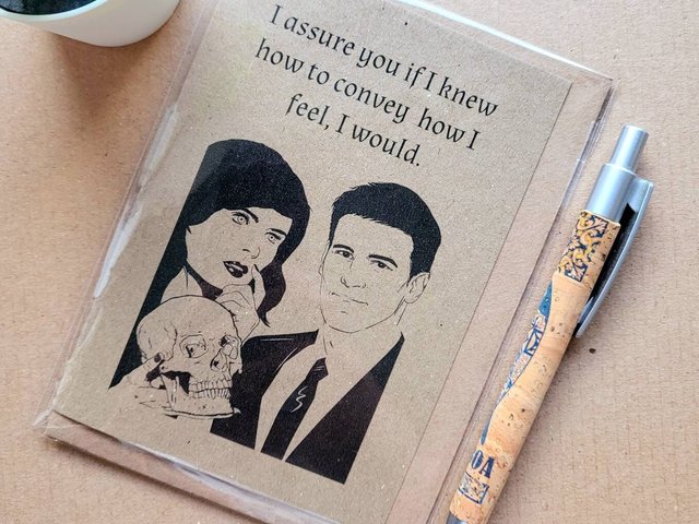 Bones TV show Valentines card perfect for a Bones Fan. Card features Temperance and Seeley on the front and a Bones quote. 