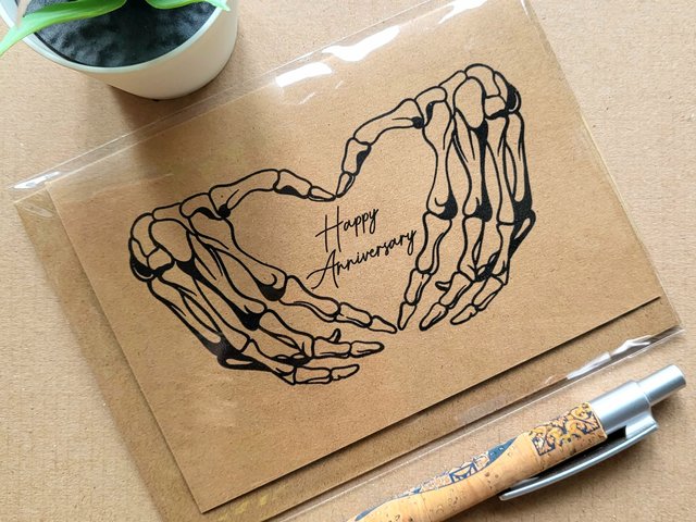 Gothic Wedding Anniversary card - Skeleton heart hands
